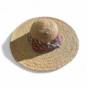Sonia Rykiel straw hat with stripe bow *flaw* tan beige multicolor vintage y2k